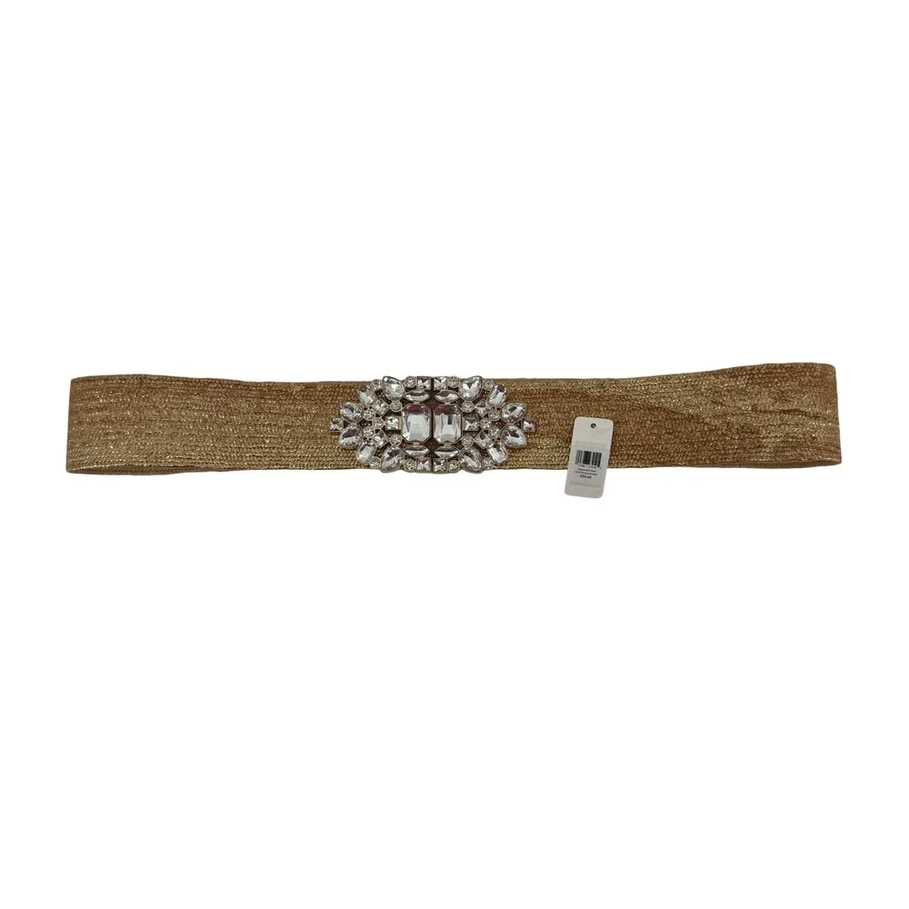Gold Woven Stretch Belt with Oversized Crystal Rhinestone Statement Buckle NEW